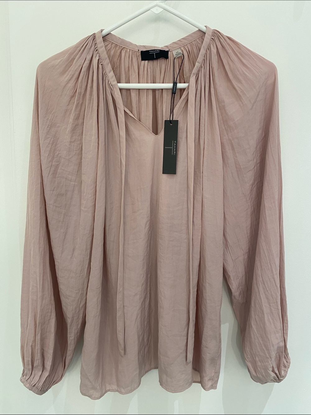 NWT T Tahari Peasant Blouse Long Full Puff Sleeves V Neck W/Tie Pink XS